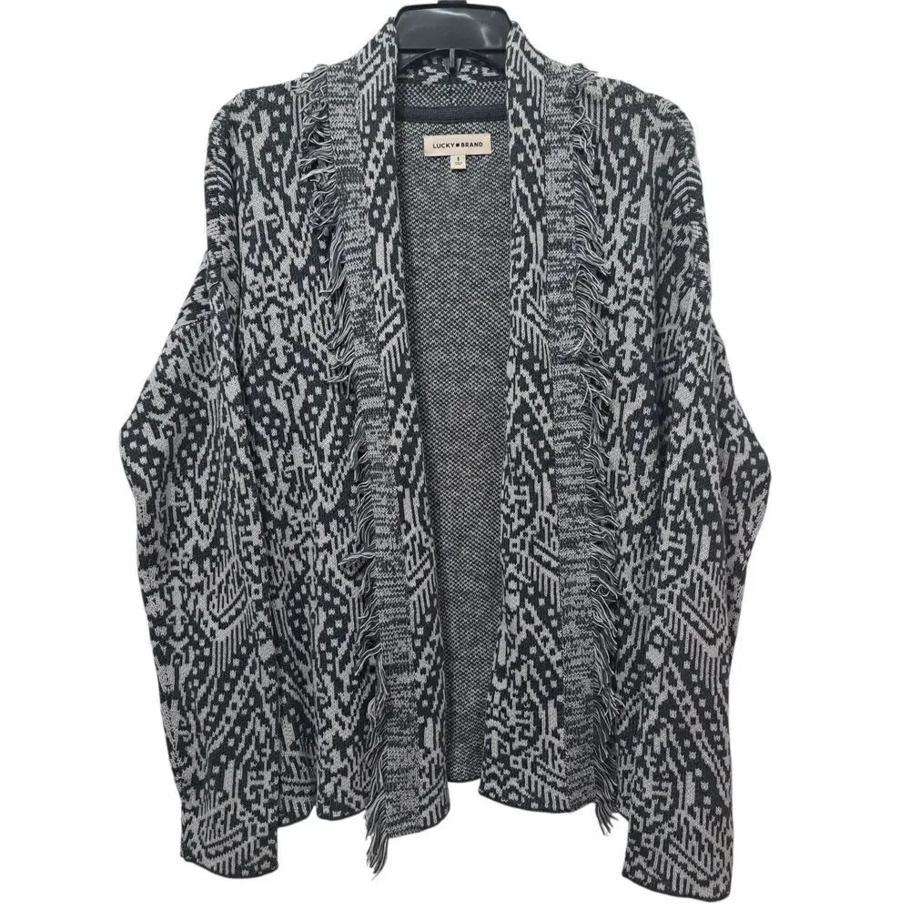 Lucky Brand Shawl Collar Western Boho Open Front Cardigan Small Gray Multi NWT