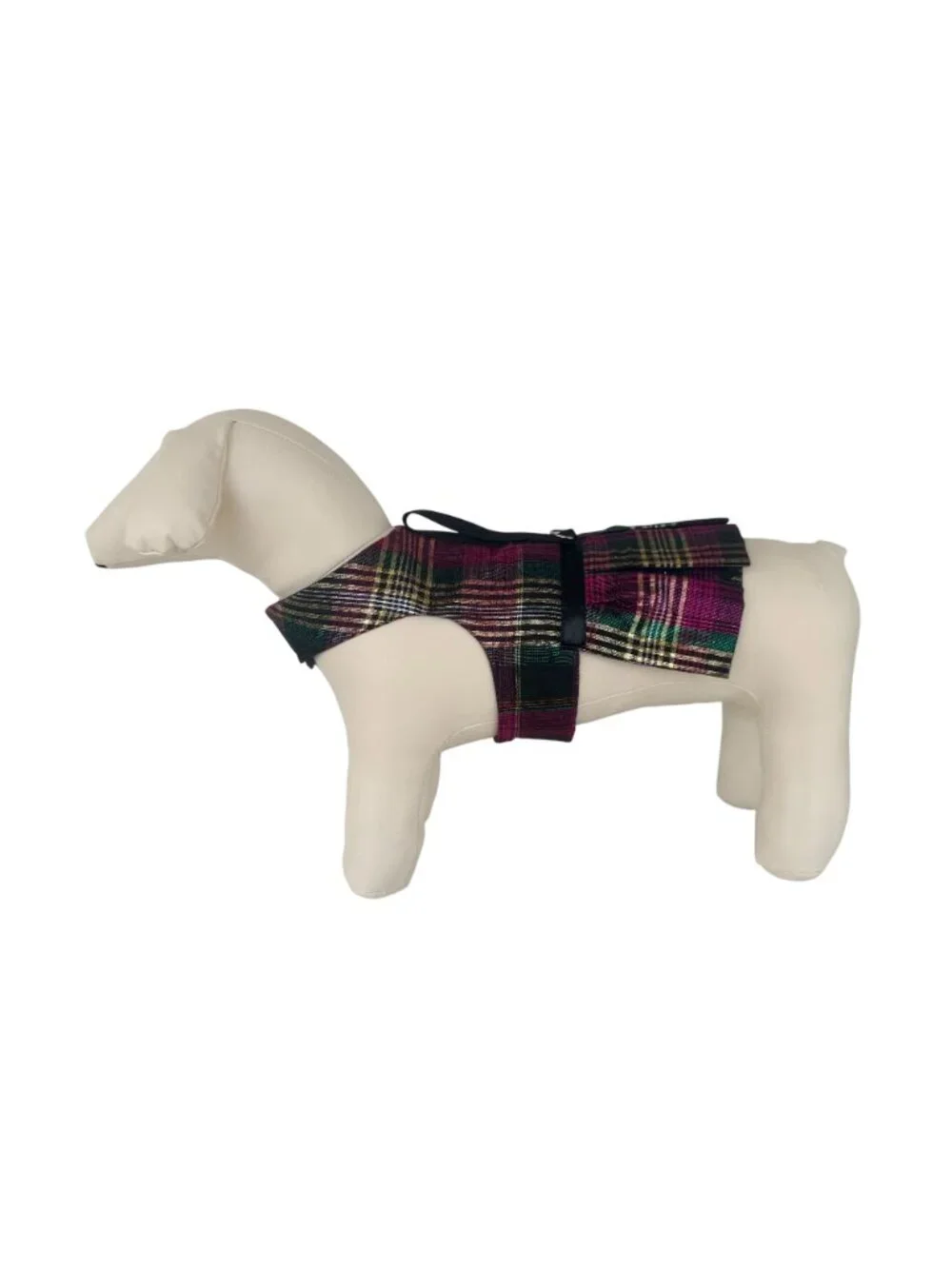 Handmade Small Dog Adjustable Dress Outfit w Harness Tartan Plaid Gold Pink Gree
