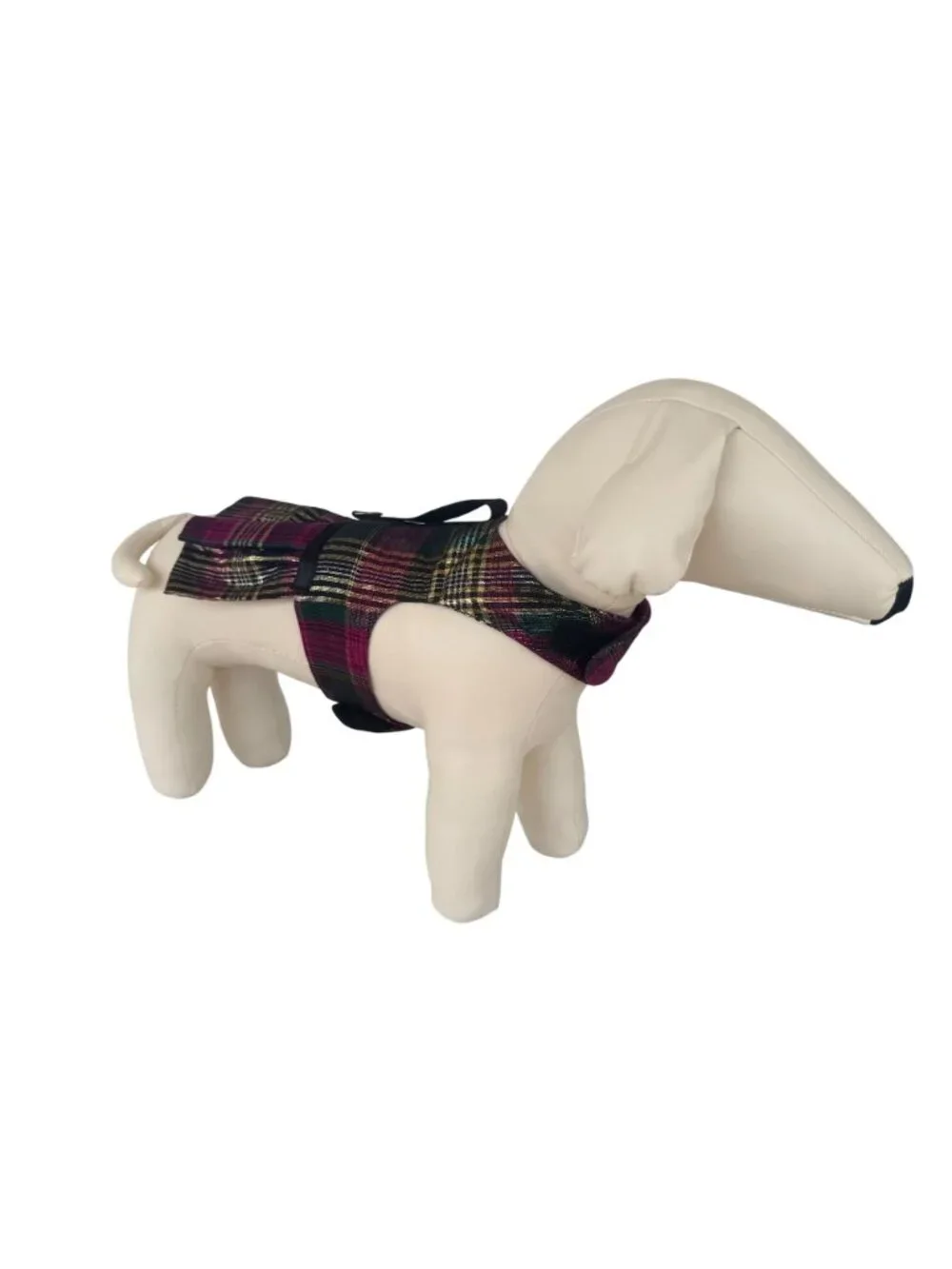 Handmade Small Dog Adjustable Dress Outfit w Harness Tartan Plaid Gold Pink Gree
