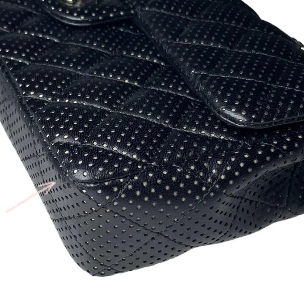 Chanel East West Classic Shoulder Flap Bag Quilted Black Perforated Leather
