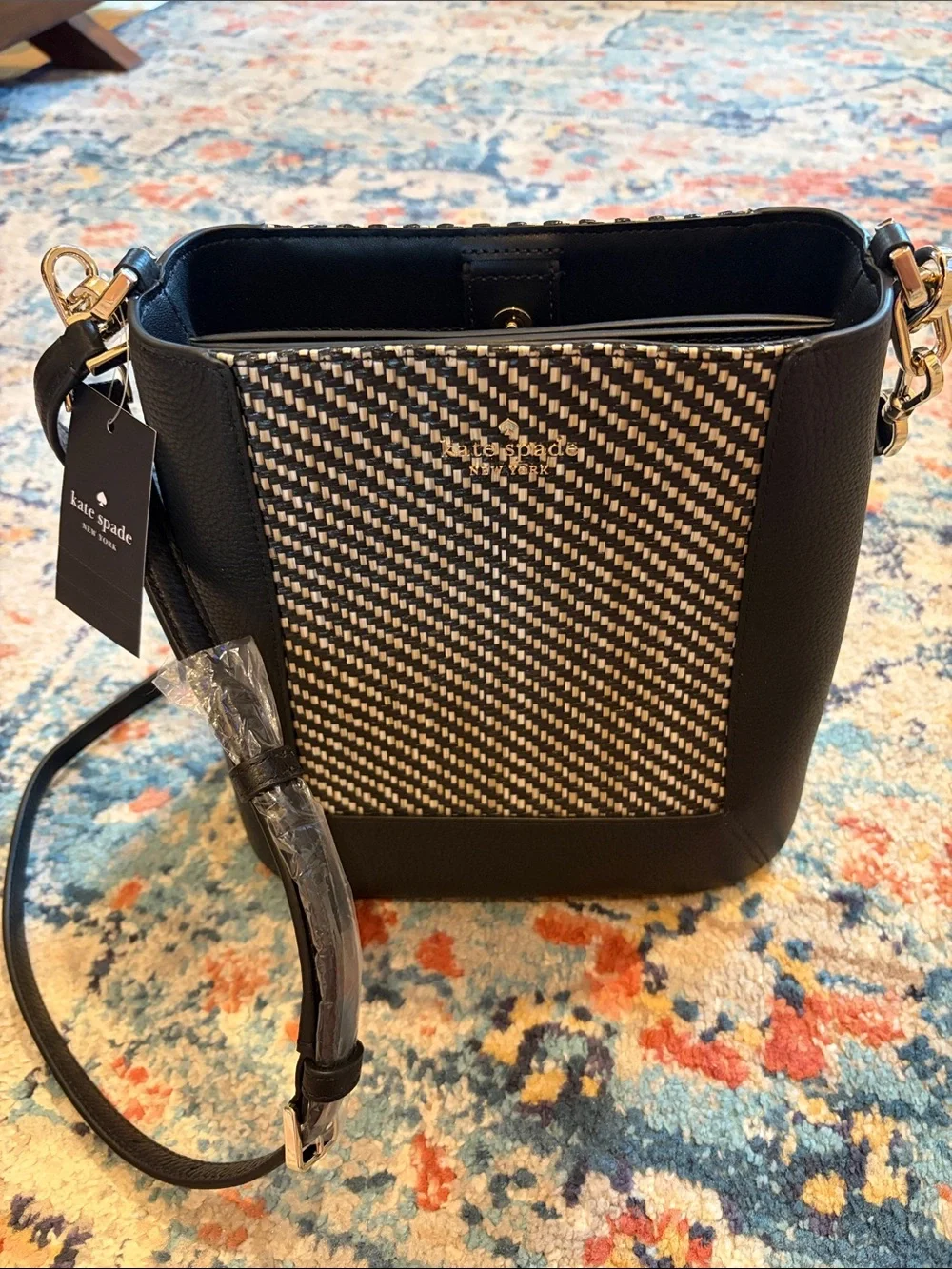 NWT Kate Spade NY Lena Straw Bucket Bag Raffia & Black Leather NEW