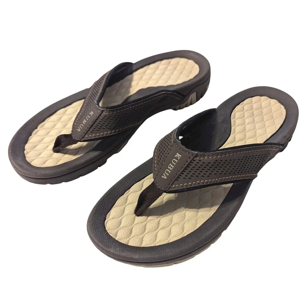 KUBUA Mens Beach Flip Flops Water Thong Sandals Outdoor Brown Tan EU 45 ~US 11