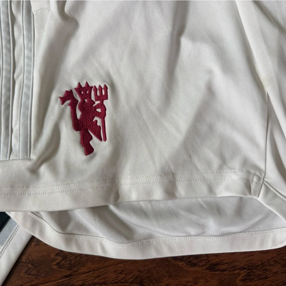 White Adidas Soccer Shorts with Red Manchester United Logo, size Medium 11-12Y