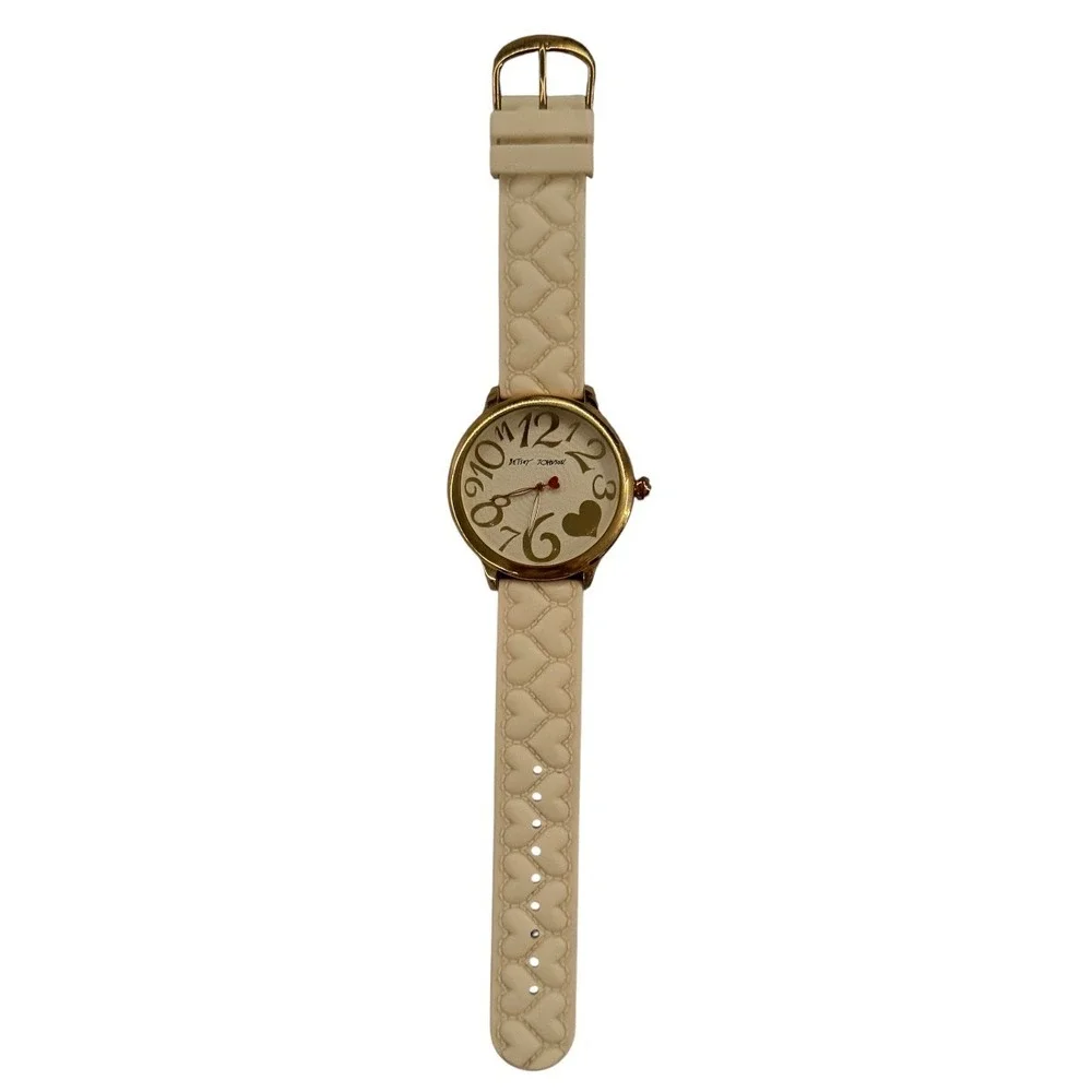Betsey Johnson‎ XOX Gold Cream Heart Embossed Silicone Strap Watch BJ00250-05