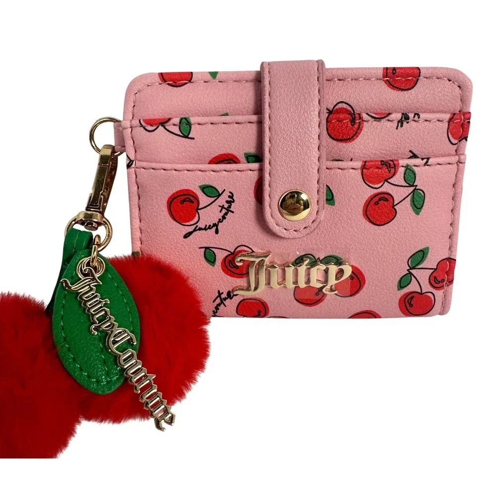 Juicy Couture Card Case Wallet Womens Pink Cherry Print Pom Keychain Excellent