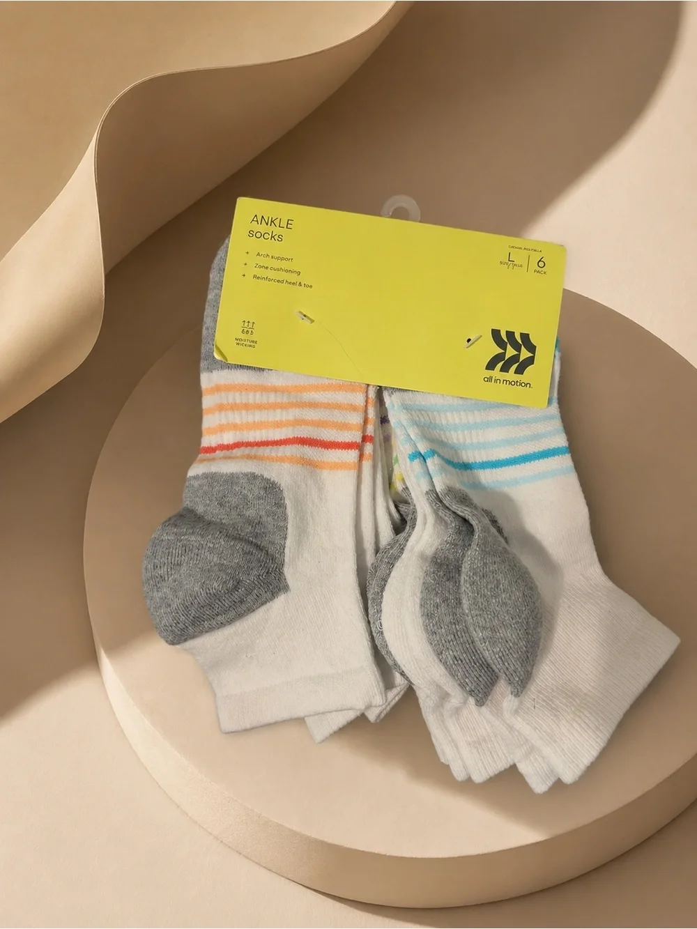 All in Motion Ankle Socks 6 Pack Size L Cushioned Athletic Moisture Wicking New