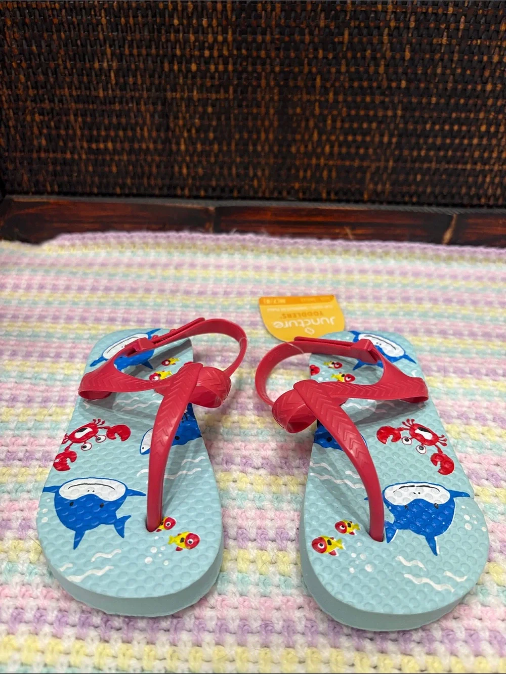 NWT Juncture Kids Flip Flops Toddlers' Light Blue Shark Print Sandals Size M 7/8