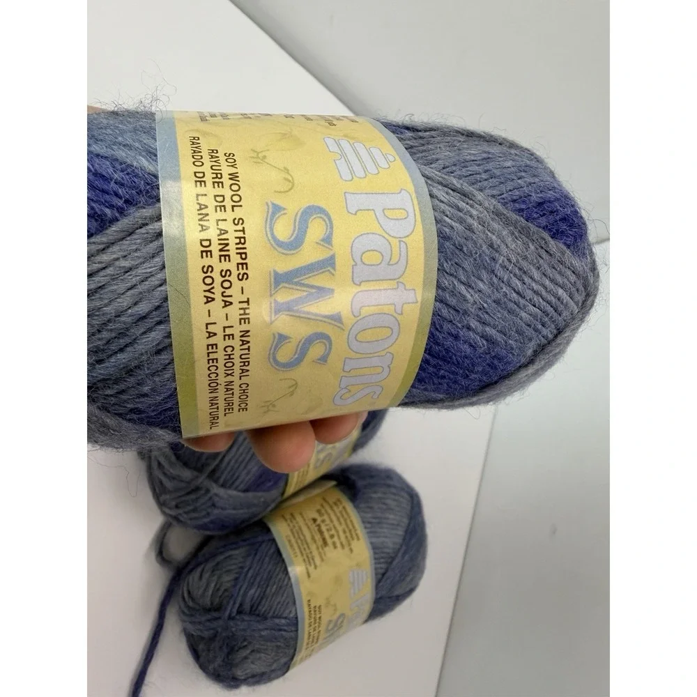Patons SWS Yarn Natural Denim 70117 Soy Wool Stripes Lot Of 3 80g Each