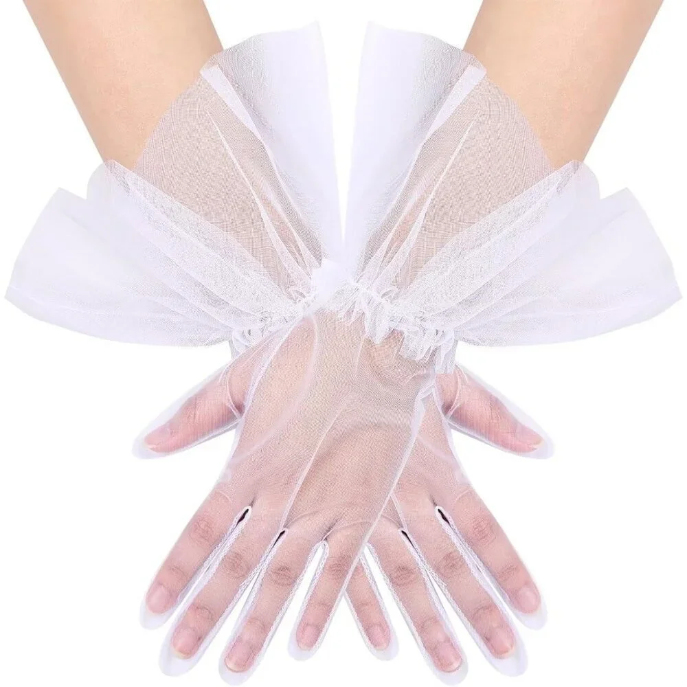 Women's Puffy Ruffle White Tulle Sheer Mesh Party Prom One Size Short Gloves