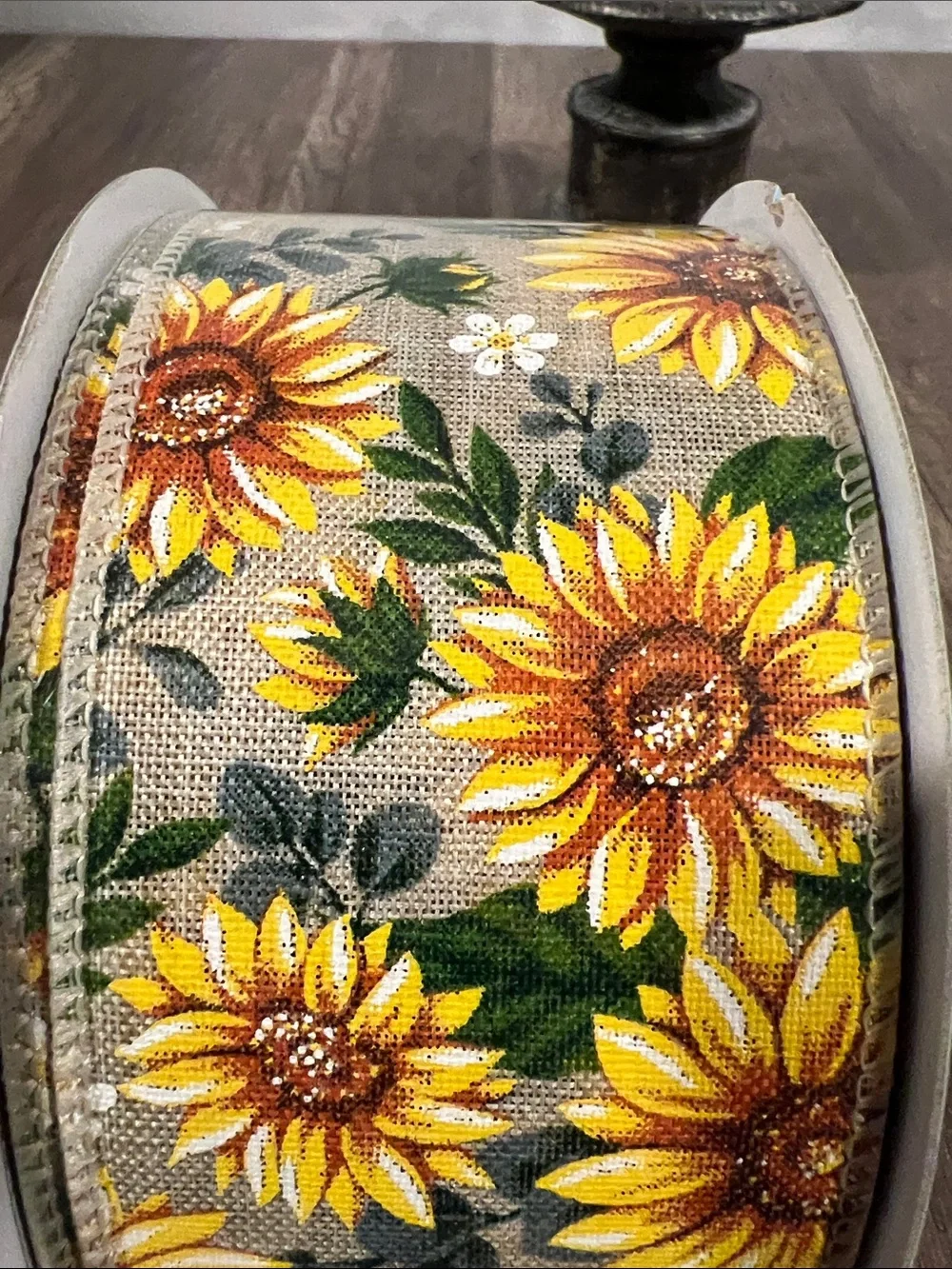 Kirkland Signature Sunflower Decorative Wired Ribbon - Yellow & Green on Natural