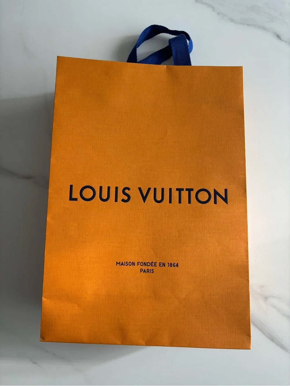 Louis Vuitton Orange Paper Shopping Bag with Blue Rope Handles 10x14 inch