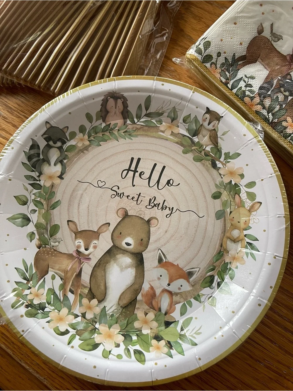 Woodland Baby Shower Paper Plates, Cops, Napkin Set - Green / Cream🌼