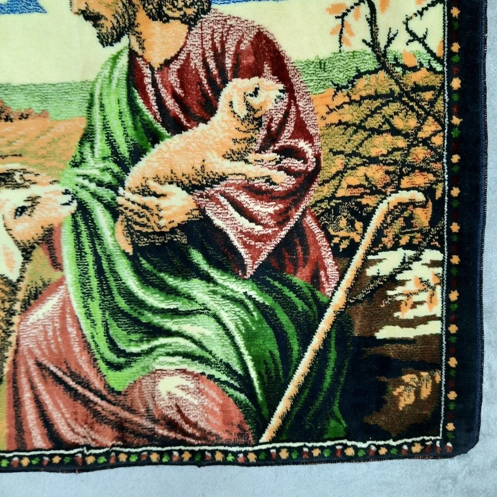 Vintage Jesus The Good Shepherd and Sheep Velvet Tapestry Wall Hanging Religious