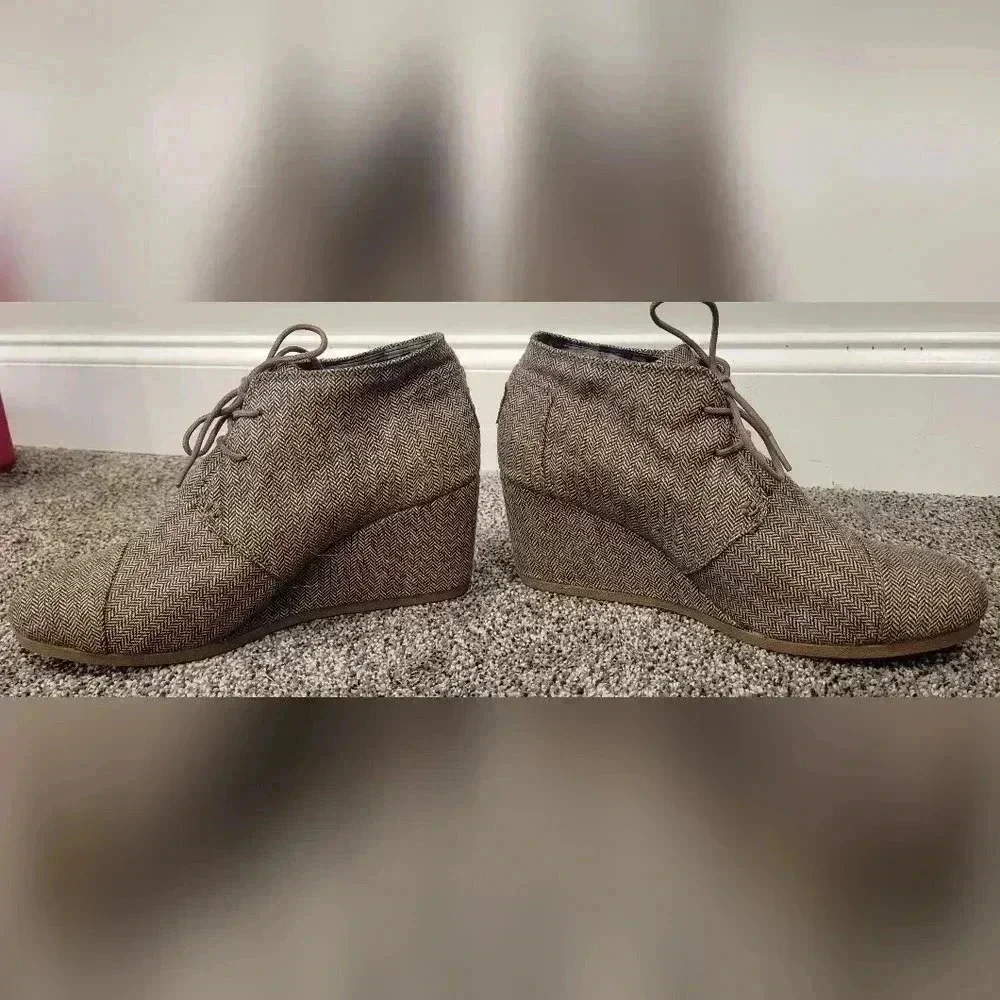 Toms Desert Herringbone Lace Up Wedge Ankle Oxford Bootie Brown Wool Upper Sz 11