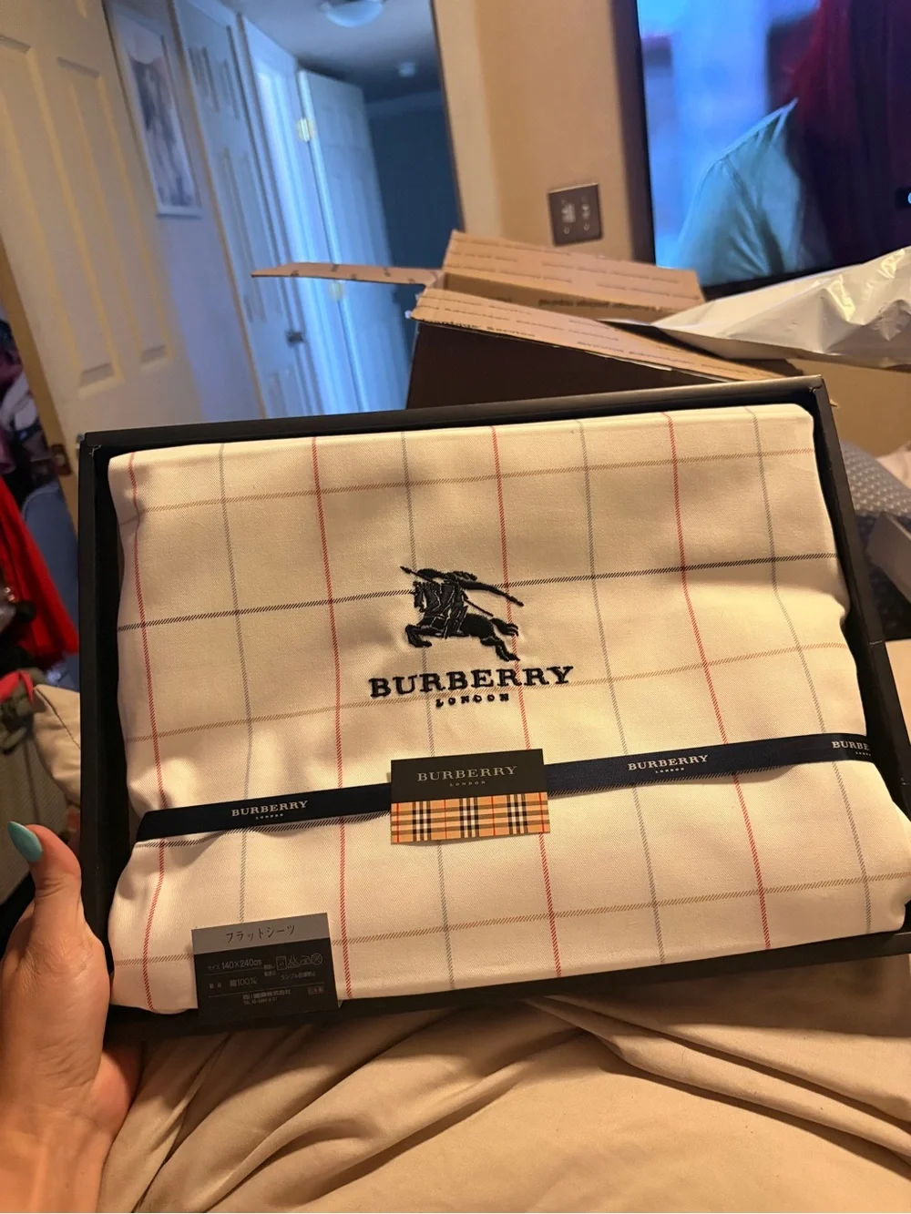 Burberry White Cotton Sheet with Red & Beige Windowpane