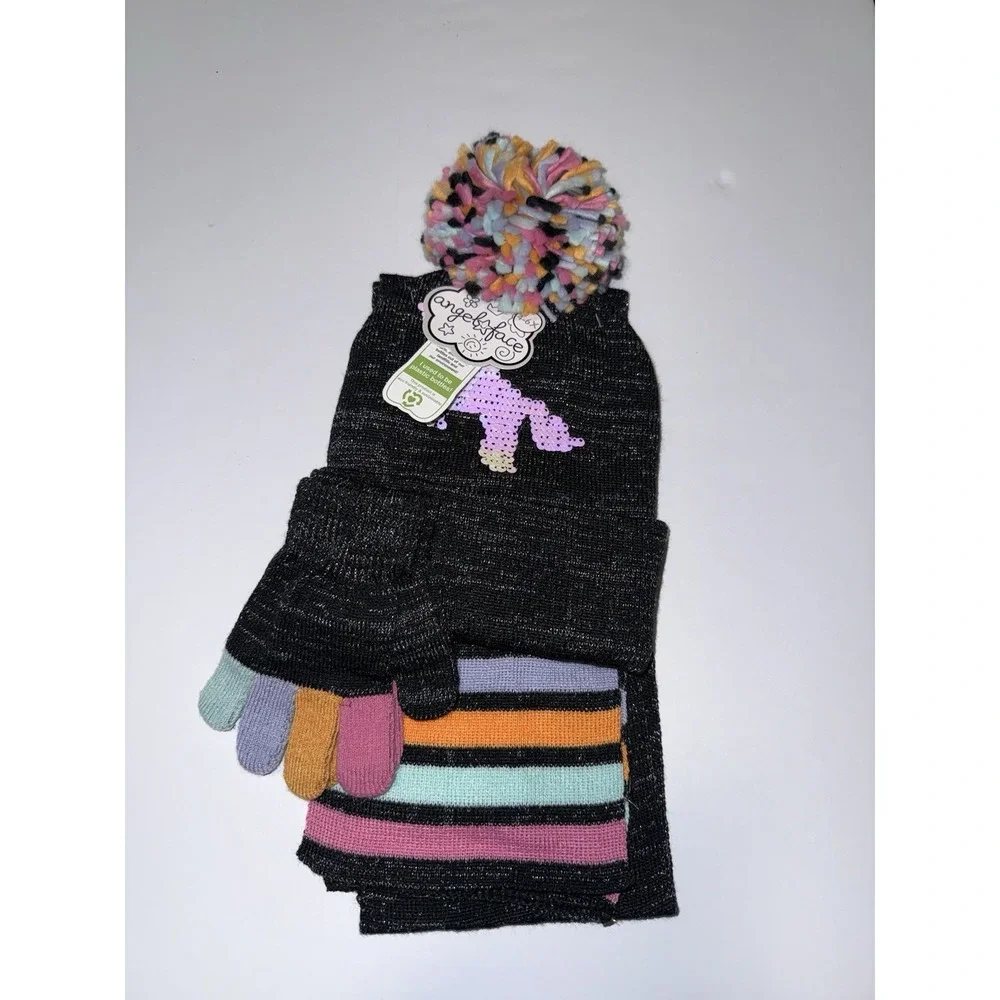 Angel Face Girls 3 Pc Winter Hat Scarf Gloves Set Unicorn Sequin Sparkle 4-6 NWT