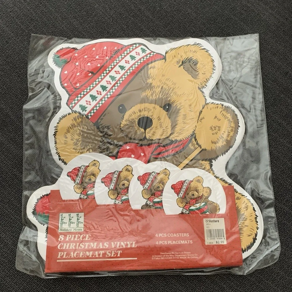 New Vintage  Venture Christmas Teddy Bear Placemats Coasters‎ 8 Pc Vinyl