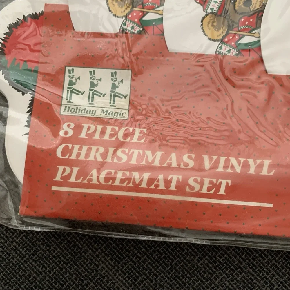 New Vintage  Venture Christmas Teddy Bear Placemats Coasters‎ 8 Pc Vinyl