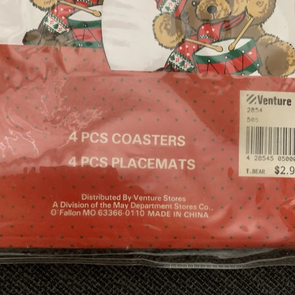 New Vintage  Venture Christmas Teddy Bear Placemats Coasters‎ 8 Pc Vinyl