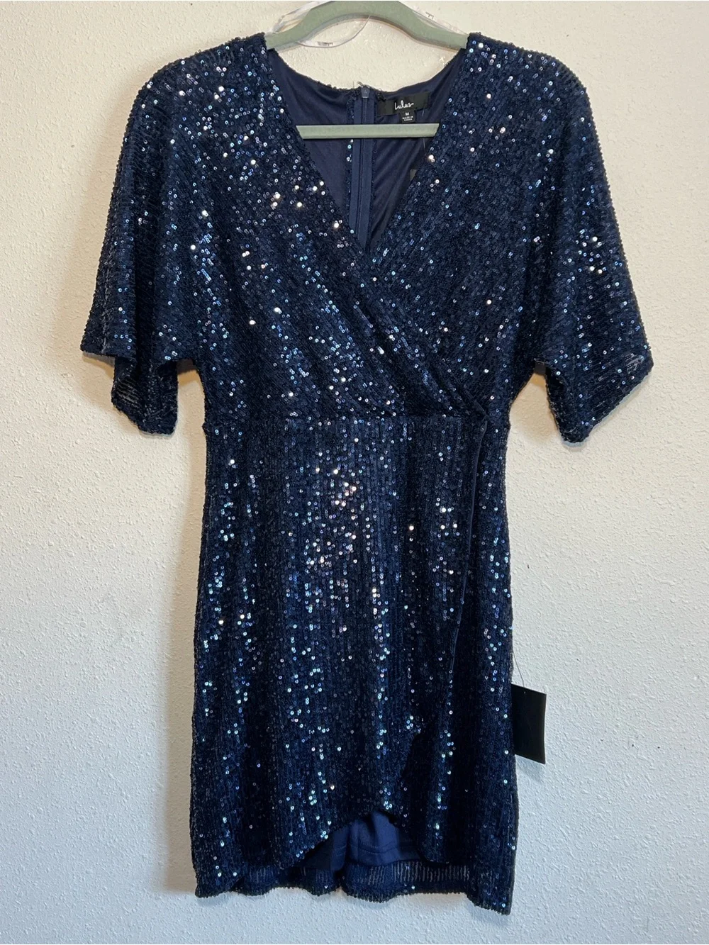 Lulus Weekender Navy Sequin V-Neck Faux Wrap Mini Dress Size Medium