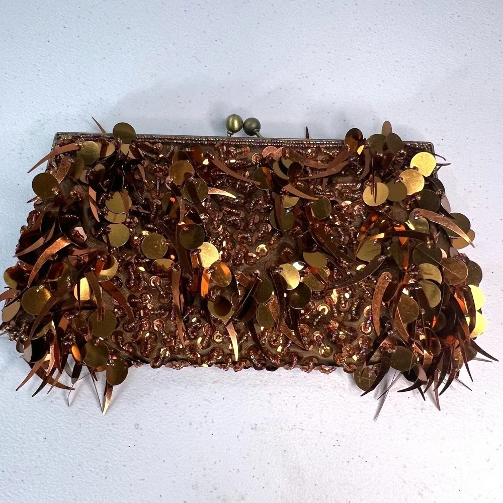Sequin Amber Gold Ladies Clutch Bag Beaded‎ Handle Vintage Evening Y2K Sparkle