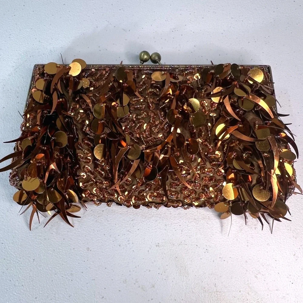 Sequin Amber Gold Ladies Clutch Bag Beaded‎ Handle Vintage Evening Y2K Sparkle