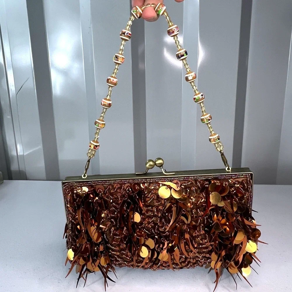 Sequin Amber Gold Ladies Clutch Bag Beaded‎ Handle Vintage Evening Y2K Sparkle