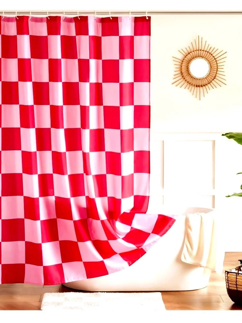 Elle Decor Femme Modern Vintage Pink & Red Checkered Bathroom Shower Curtain