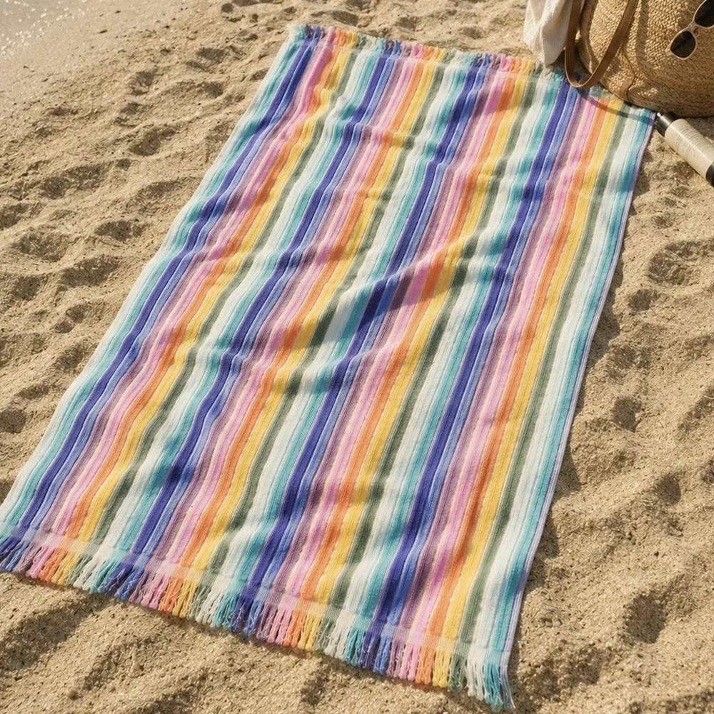 Rachel Zoe Set Of 2 Viral Rainbow Stripe Beach Towels 100% COTTON NWT Retro Boho