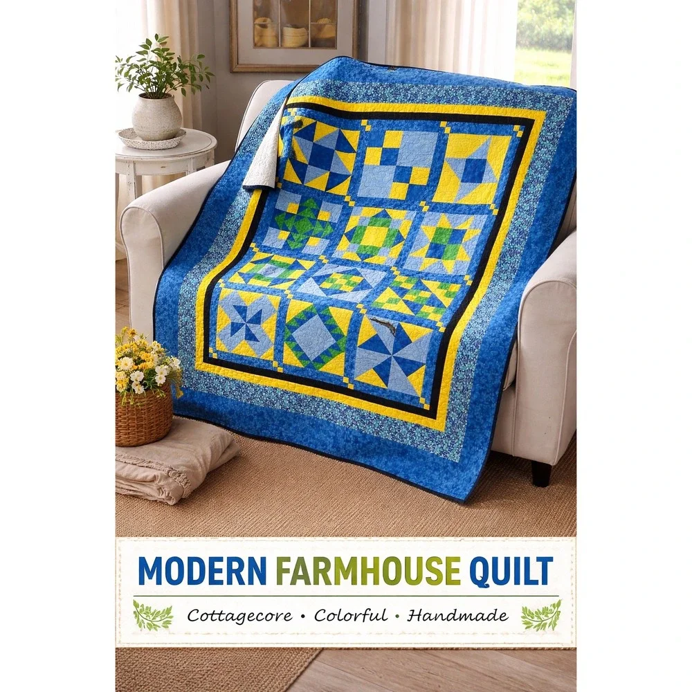 Handmade Modern Farmhouse‎ Patchwork Quilt Blue Yellow Geometric Star 64x70