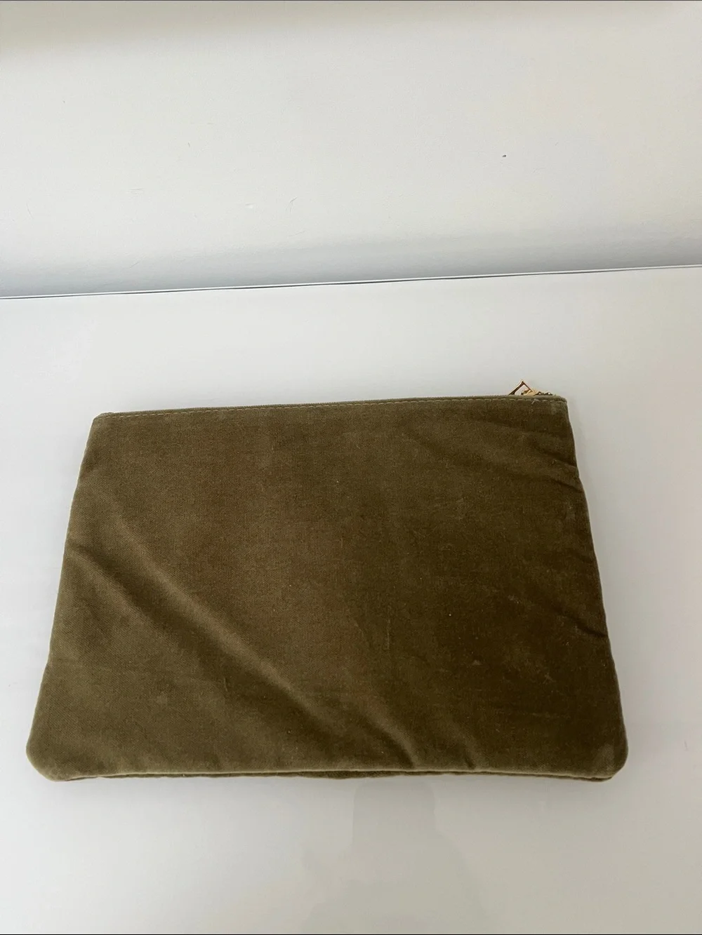 Sezane Olive Green Velvet Cosmetic Pouch with Dark Green Trim
