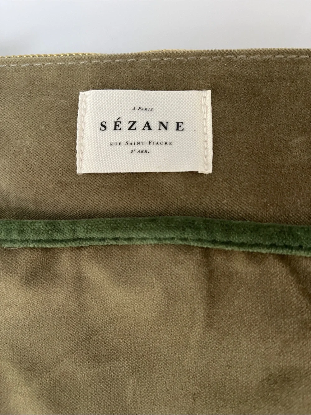 Sezane Olive Green Velvet Cosmetic Pouch with Dark Green Trim