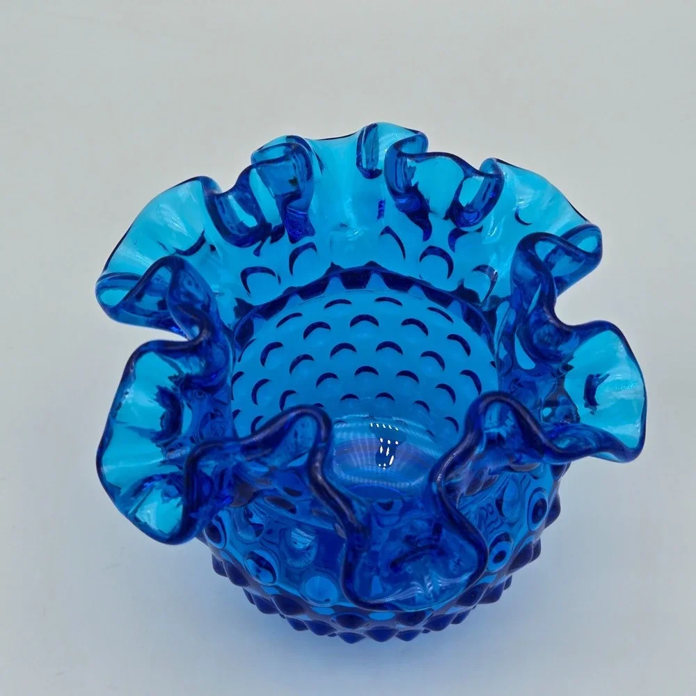 Vintage 1970s Fenton Hobnail Vase‎ Ruffled Double Crimped Colonial Blue 4.25