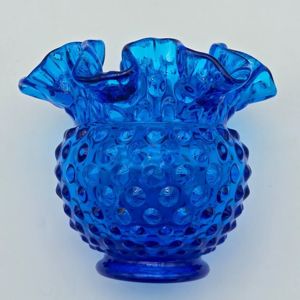 Vintage 1970s Fenton Hobnail Vase‎ Ruffled Double Crimped Colonial Blue 4.25