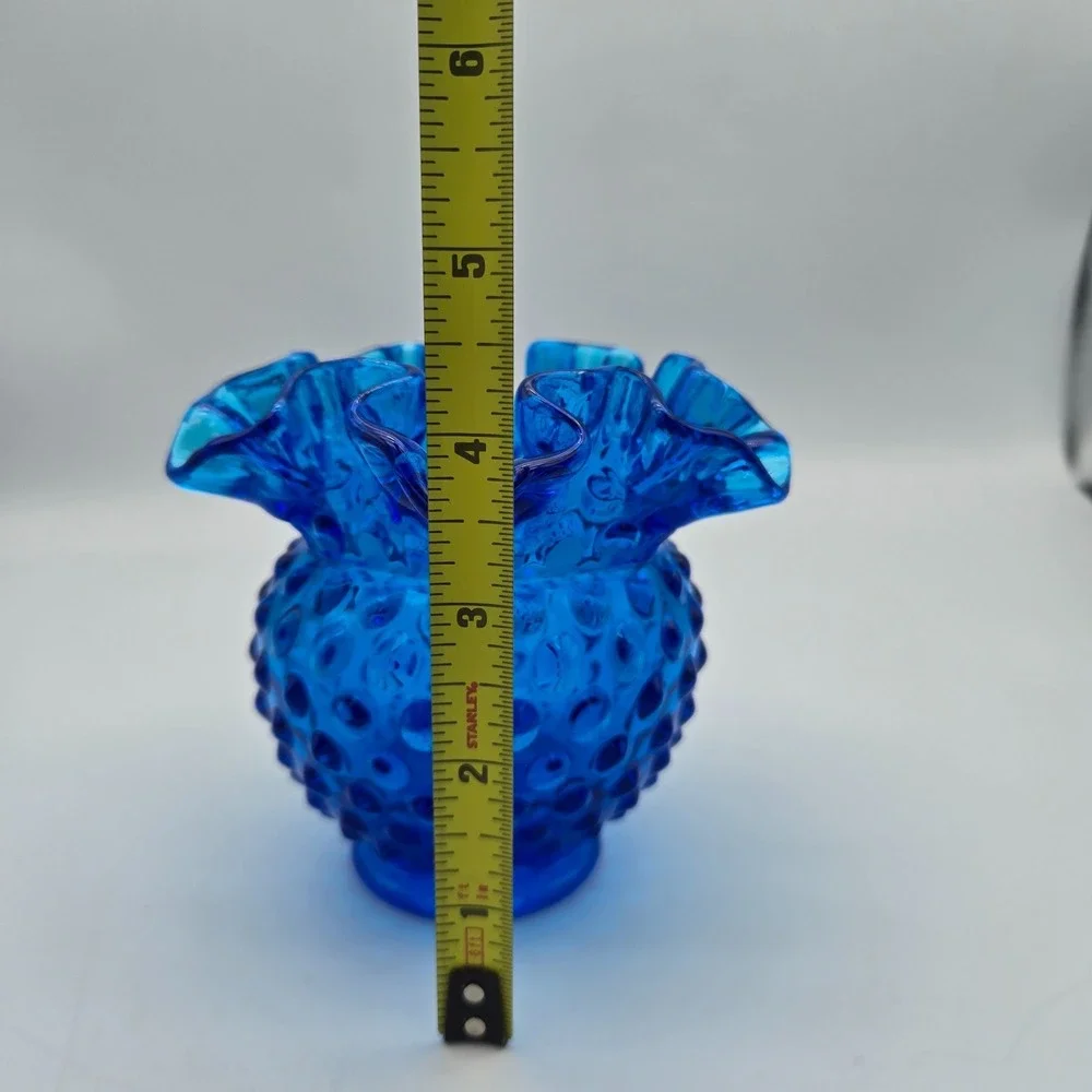 Vintage 1970s Fenton Hobnail Vase‎ Ruffled Double Crimped Colonial Blue 4.25