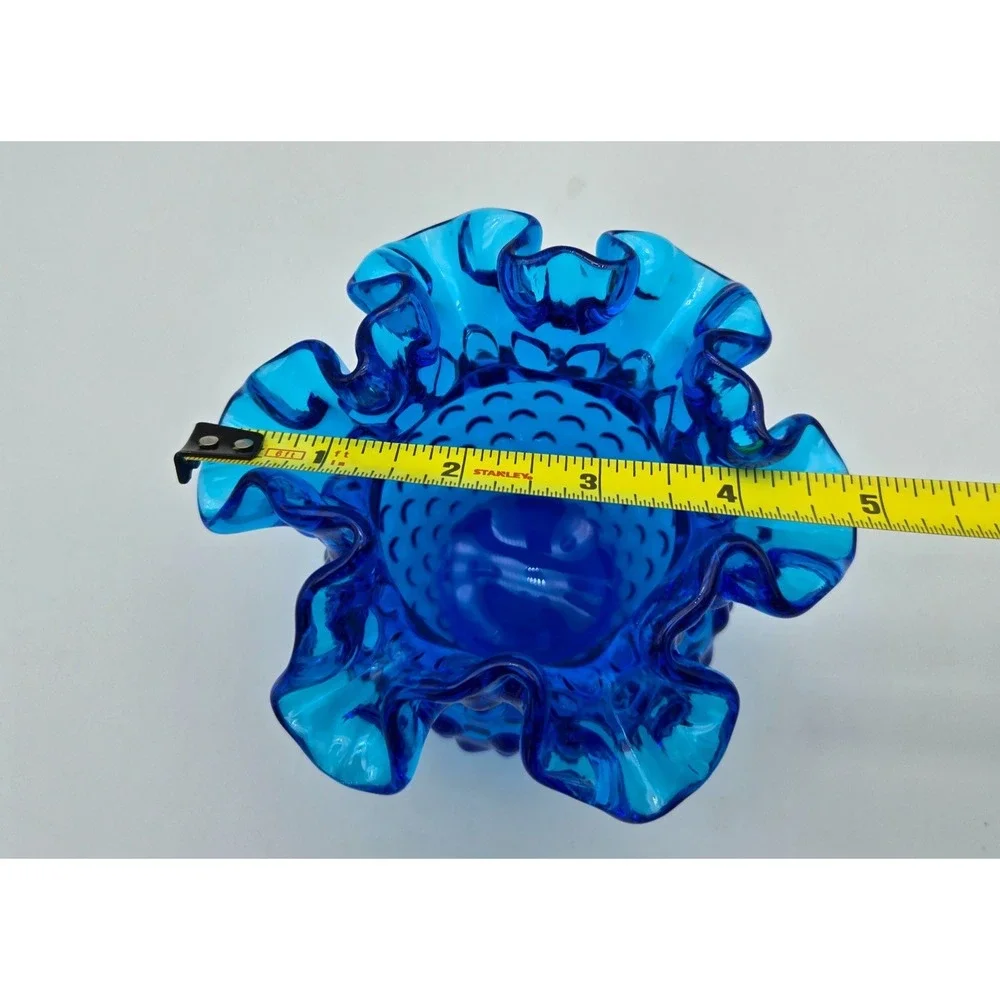 Vintage 1970s Fenton Hobnail Vase‎ Ruffled Double Crimped Colonial Blue 4.25