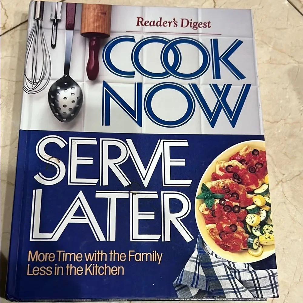 Reader's Digest Cook Now Serve Later Cookbook with Blue and White Cover