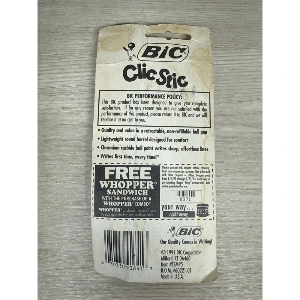 Vintage 1991 Bic Clic Stic 5 Pack‎ Pens, Blue Ink, Neon Bodies, Medium Point