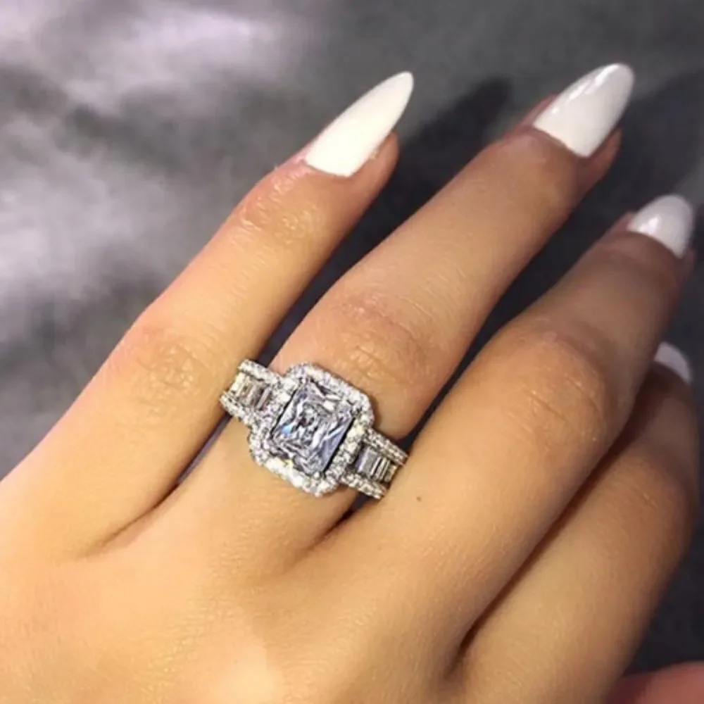 Emerald Cut  & Baguette Diamond Halo Sterling Wedding Engagement Ring