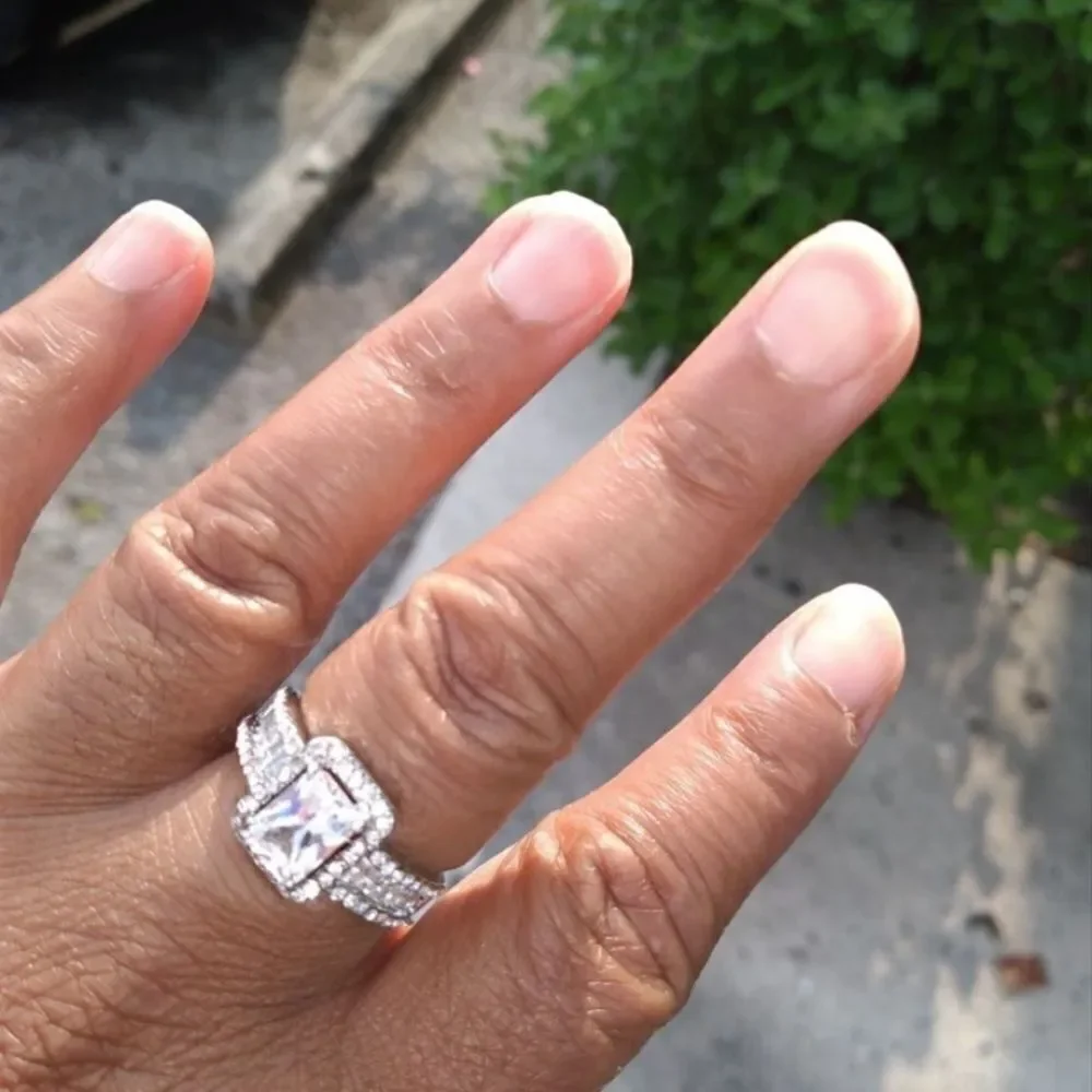 Emerald Cut  & Baguette Diamond Halo Sterling Wedding Engagement Ring