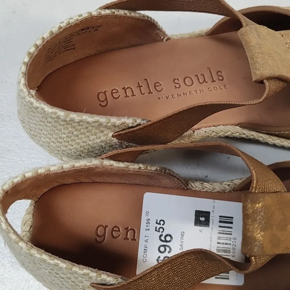 Gentle Souls By Kenneth Cole Size 5 Animal Print Gold Tan Espadrille Wedges New
