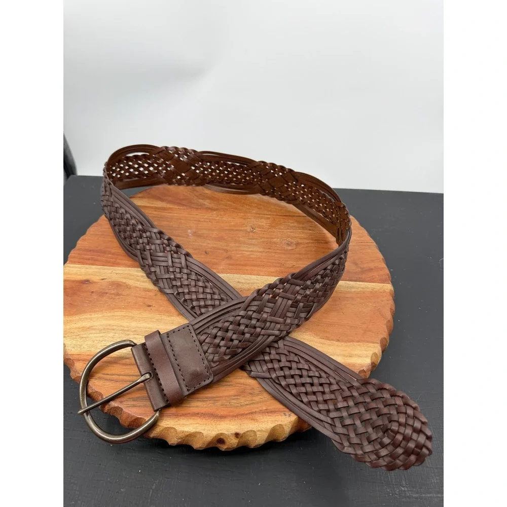 Unbranded Woven Braided Belt Womens Large Brown Bonded Leather Wide Waist