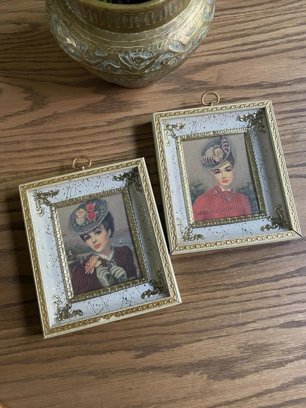Vintage 1950s Hollywood Regency Framed Art Prints Woman In Gold Shadow Box Frame