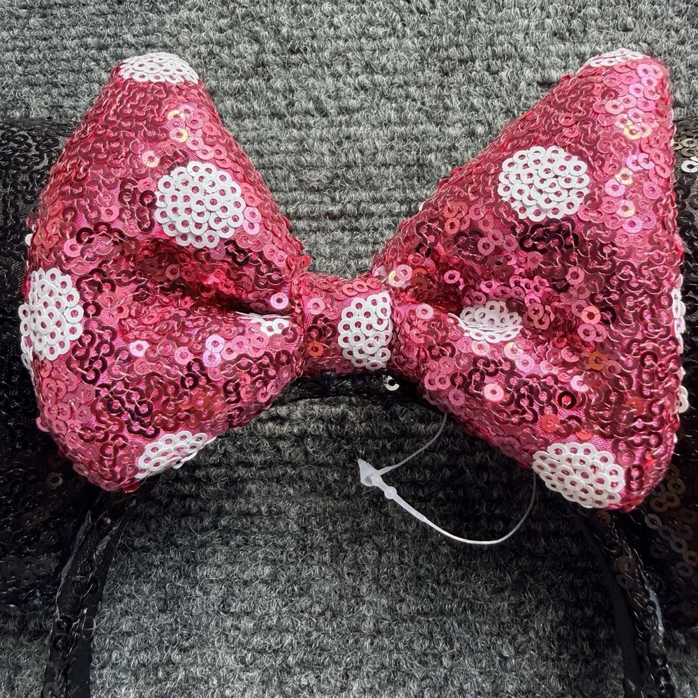 Disney Sequin Minnie Mouse Ears with Polka Dot Hot Pink Bow Headband NEW