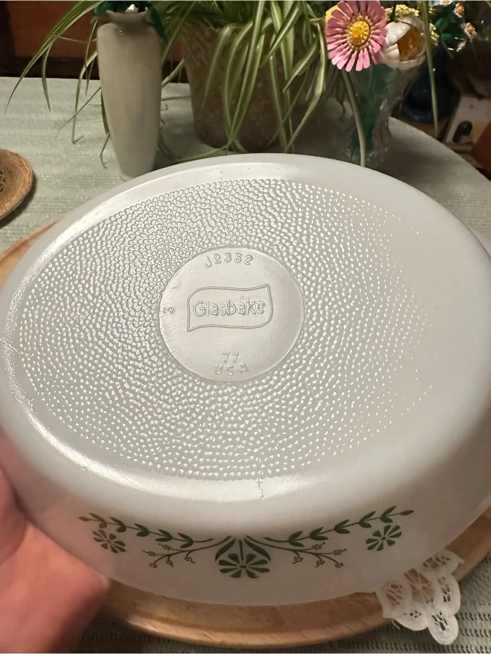Vintage Glasbake Green Daisy Divided Casserole Serving Dish USA