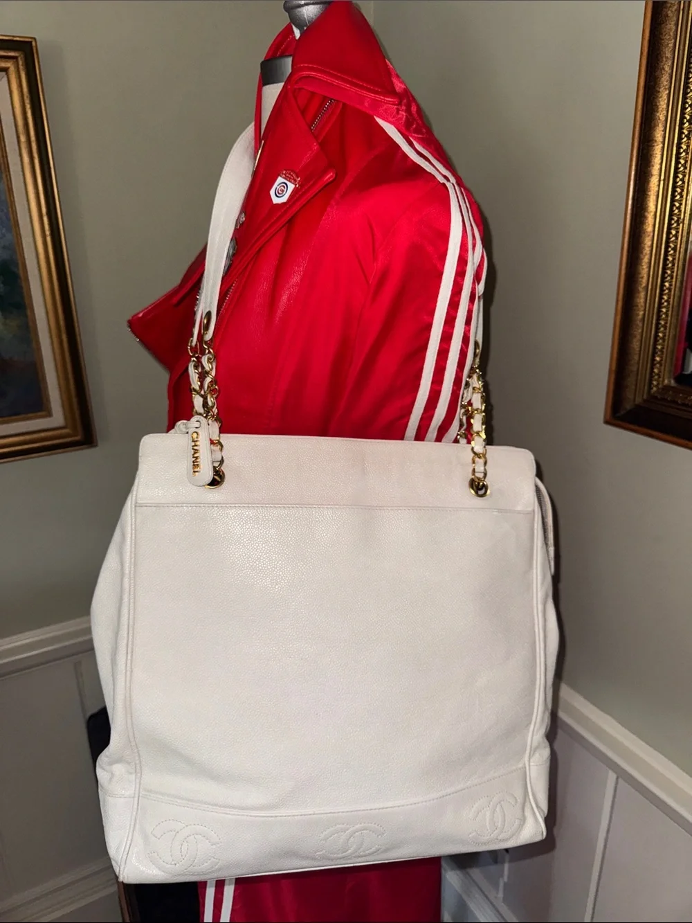 CHANEL XL Vintage Triple CC White Leather Shoulder Tote Bag Purse Gold Chain