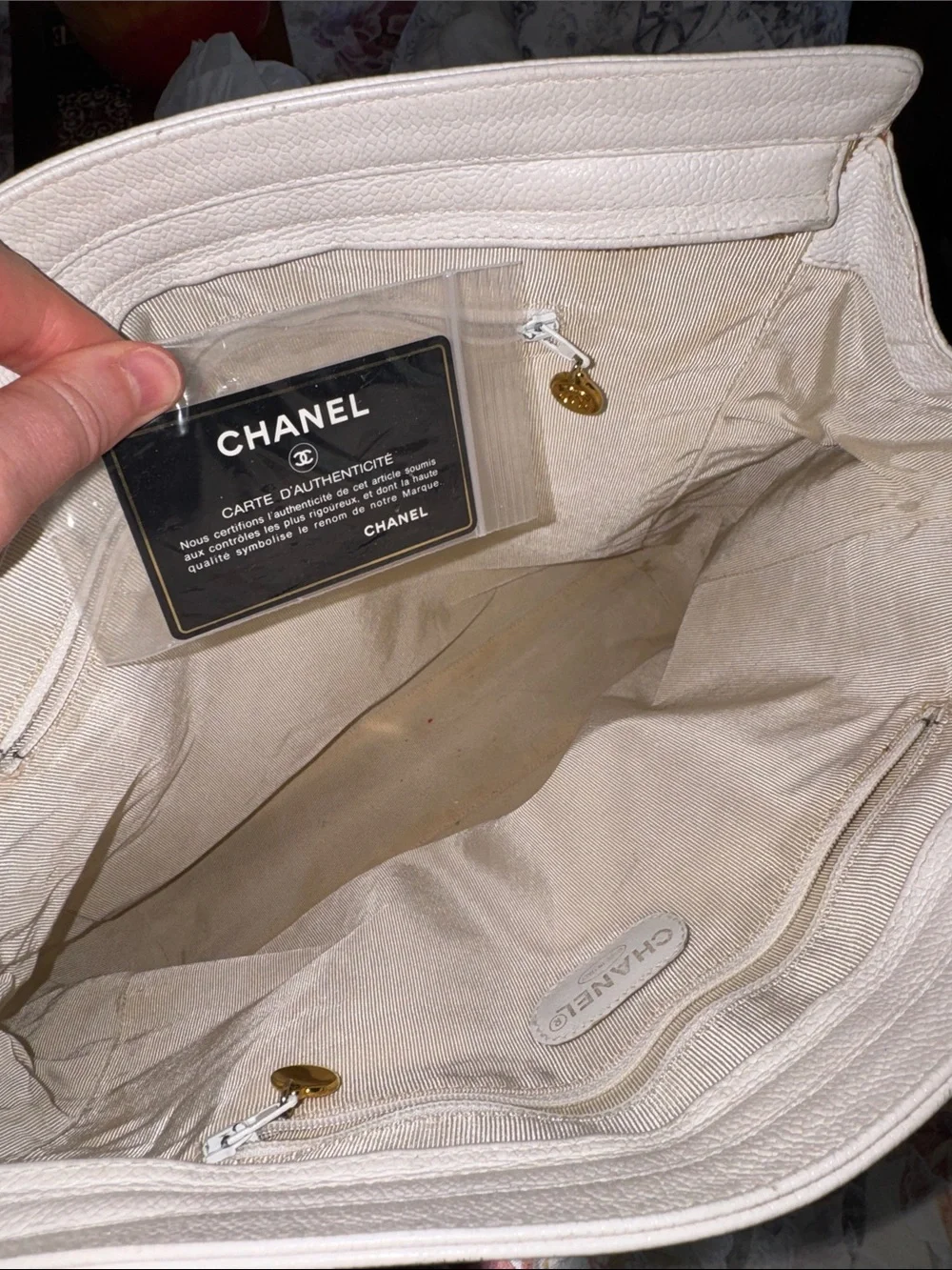 CHANEL XL Vintage Triple CC White Leather Shoulder Tote Bag Purse Gold Chain