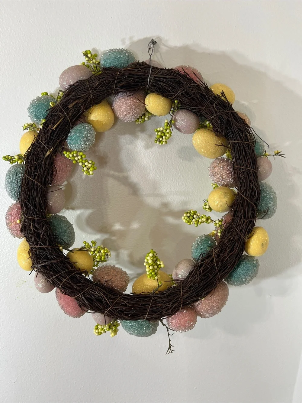 Pastel Easter Egg Wreath with Green Berry Sprigs
