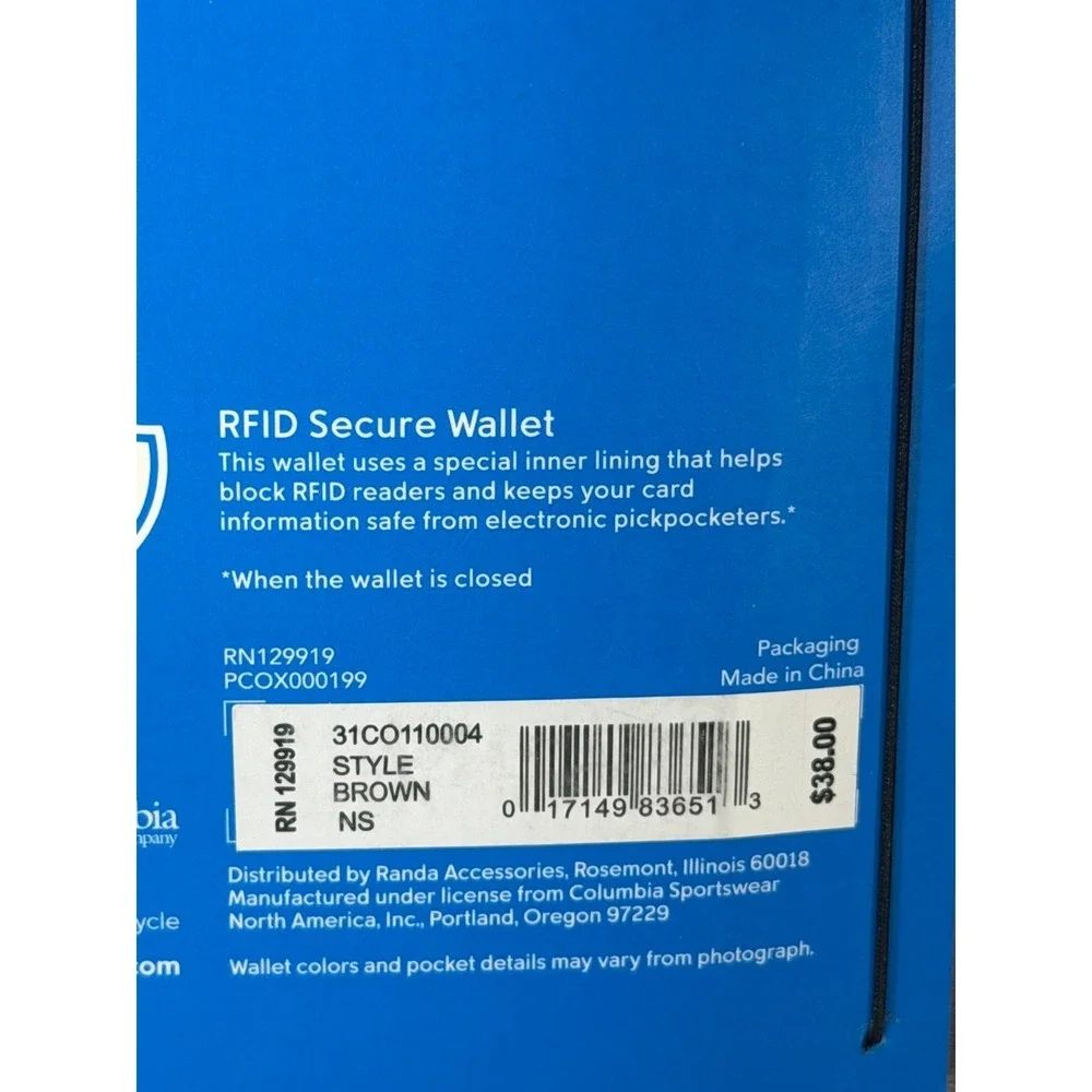 New Columbia Tri-Fold Wallet Brown RFID Secured
