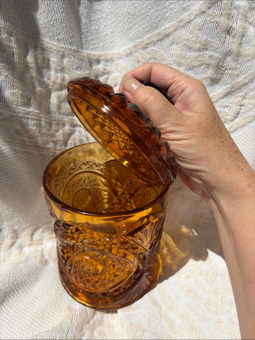 Vintage Amber Cut Glass Covered Jar - Vintage